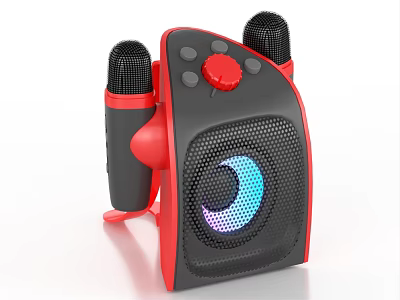 Stylish Black and Red Audio Speaker with Two Wireless Microphones Colorful Light and Control Buttons 3d model
