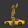 Yellow Bumblebee Robot And Shiny Sports Car Display Transformation Design With Metallic Features