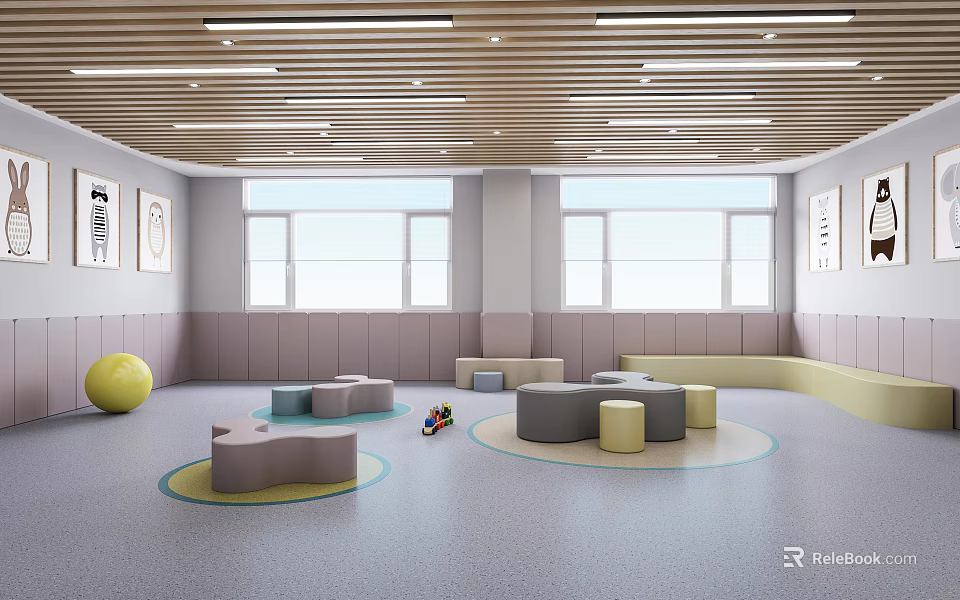 Kindergarten Interior Design With Children's Play Areas Colorful Seats And Circular Spaces 3d model 