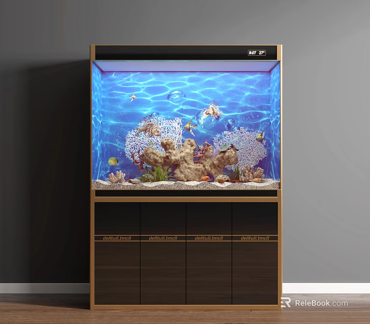 Modern Aquarium Interior With Blue Water Fish Corals Rocks on Wooden Stand 3d model 