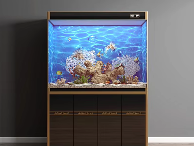 Modern Aquarium Interior With Blue Water Fish Corals Rocks on Wooden Stand 3d model