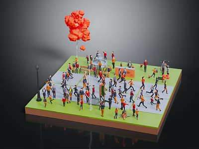 Crowd of People Gathering on Platform with Street Lamps and Red Explosion Like Object Above 3d model
