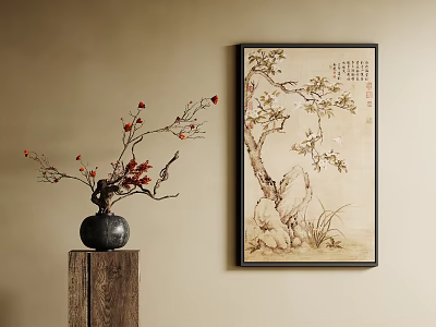 Botanical Painting on Brown Wall with Wooden Cabinet Black Vase and Red Fruit Branches 3d model