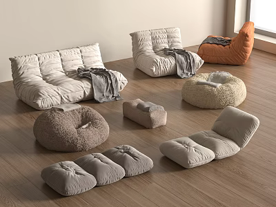Cozy Bean Bag Chair Collection With Round Square Lounge Shapes And Neutral Warm Colors 3d model