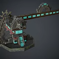 Mechanical Industrial Structure With Gears Green Glowing Strips And Red Accents