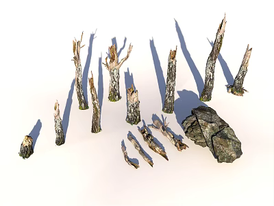 Rustic Wood Tree Stumps Trunk Pieces and Large Natural Stone Decorative Materials 3d model