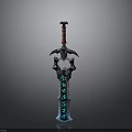Ornate Mythical Sword With Red Black Hilt And Blue Rune Engraved Blade