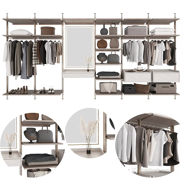 Modern Closet Interior with Hanging Clothes Shelves Drawers Mirror and Storage Boxes 3d model 