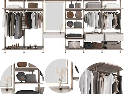 Modern Closet Interior with Hanging Clothes Shelves Drawers Mirror and Storage Boxes 3d model