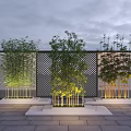 Bamboo Plants In Outdoor Landscape Design With Lattice Wall White Planters And Lighting