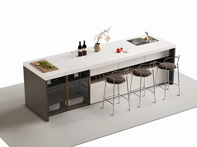 Modern Bar Counter Featuring White Quartz Top Three High Stools Decorative Vase and Fresh Fruits 3d model