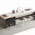 Modern Bar Counter Featuring White Quartz Top Three High Stools Decorative Vase and Fresh Fruits