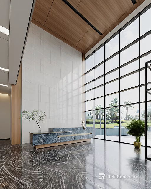 Modern Reception Desk With Tiled Wall And Large Windows Overlooking Palm Trees And Indoor Plant 3d model 