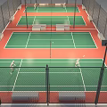 Outdoor Badminton Courts With Green Surface Red Borders Fencing And Lighting For Fitness