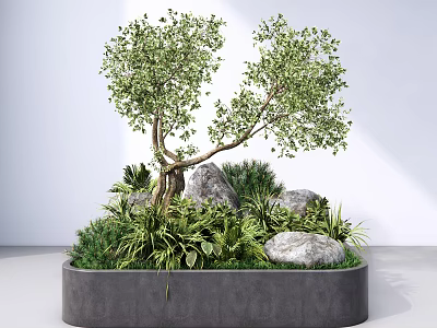 Green Plants And Trees In Gray Circular Container With Stones And Foliage 3d model