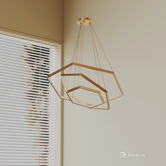 Elegant Modern Geometric Multi layered Gold Frame Chandelier in Room with Window Blinds and Light Colored Wall 3d model 