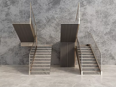 Modern Staircase Design With Metal Railings Wooden Steps And Gray Textured Wall 3d model