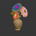 Terracotta Vase With Yellow And Orange Daisies On Black Surface With Dark Background Reflection