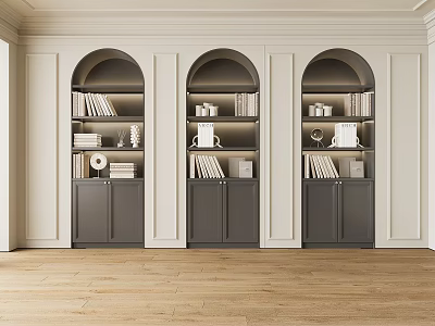 Elegant Built in Bookcases with Arch Design White Paneled Walls and Decor Items 3d model