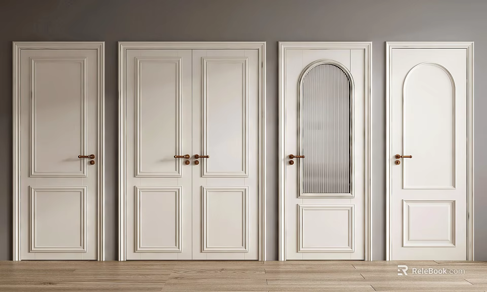 White Hinged Doors With Various Designs Golden Handles Gray Walls And Wooden Floors 3d model 