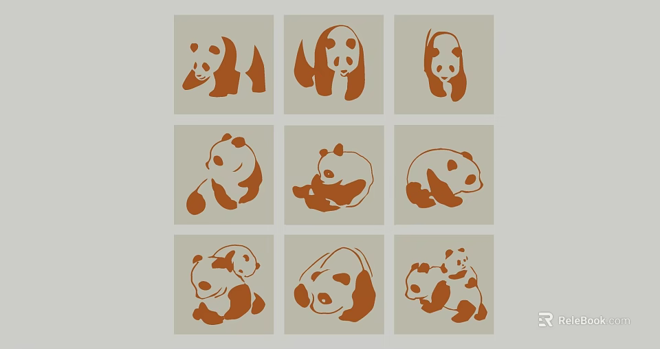 Brown Panda Silhouettes In Various Poses Arranged In Grid Pattern 3d model