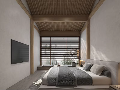 Modern Bedroom Interior With Wooden Ceiling Blinds TV And Gray Bedding 3d model