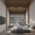 Modern Bedroom Interior With Wooden Ceiling Blinds TV And Gray Bedding