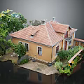 Cartoon Scene Of Yellow House With Red Roof Surrounded By Green Trees And Lush Plants
