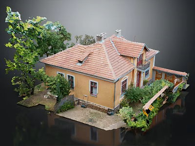 Cartoon Scene Of Yellow House With Red Roof Surrounded By Green Trees And Lush Plants 3d model