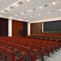 Spacious Conference Room With Blue Seats Rows Platform And Wooden Wall Ceiling Lights