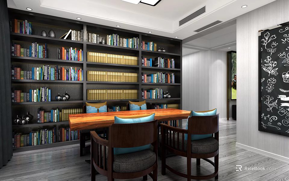 Stylish Bookcase Interior With Wooden Table Chairs And Shelves Full Of Books 3d model 