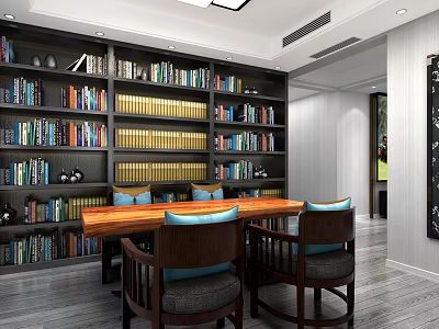Stylish Bookcase Interior With Wooden Table Chairs And Shelves Full Of Books 3d model