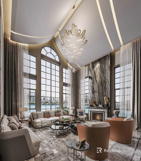Luxurious Duplex Living Room Interior With Large Windows Chandelier Sofa And Fireplace 3d model 
