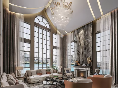 Luxurious Duplex Living Room Interior With Large Windows Chandelier Sofa And Fireplace 3d model