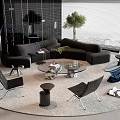 Modern Living Room Sofa and Coffee Table Set with Glass Top Black Chairs and Rug