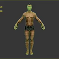 Muscular Male Character 3D Render Standing in Black Shorts with Arms Extended