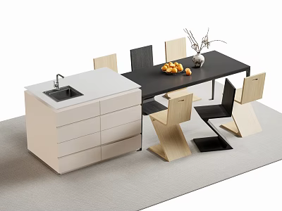 Modern Bar Counter Interior With White Cabinets Sink Black Table Chairs Fruits And Vase 3d model
