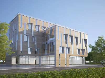Modern Office Building with Glass Curtain Walls Wooden Panels and Geometric Windows Surrounded by Greenery 3d model