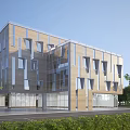 Modern Office Building with Glass Curtain Walls Wooden Panels and Geometric Windows Surrounded by Greenery