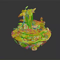 Charming Tree House Building on Floating Island with Mushrooms Steps and Green Plants