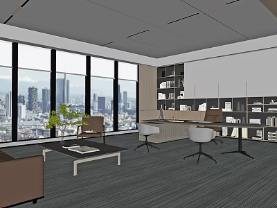 Spacious Modern Office Interior Design With Large Windows City View Desk And Bookshelves 3d model