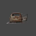 Burnt Rusted Orange Car With Open Doors Ash Around And Damaged Parts