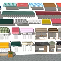 Colorful Awnings Collection With Various Patterns Windows Benches And Flower Boxes