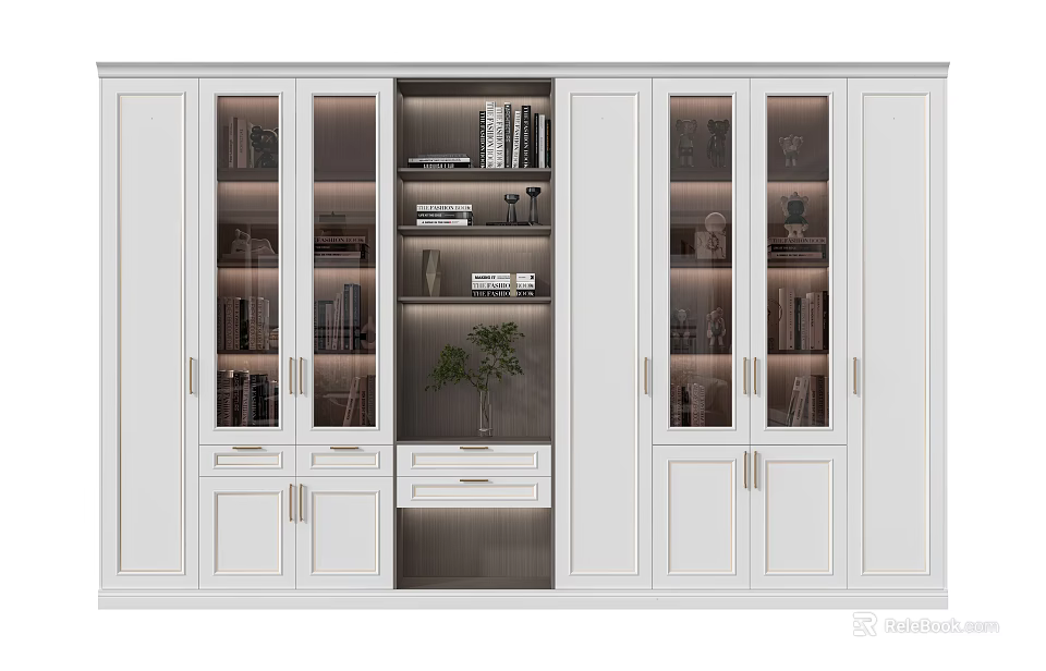 Modern White Bookcase With Glass Doors Drawers Books Decorations And Green Plant 3d model 