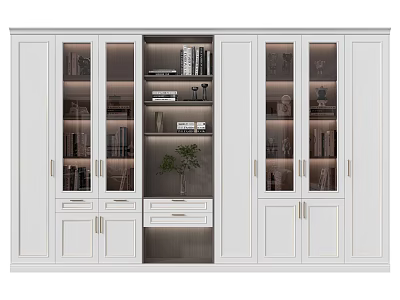 Modern White Bookcase With Glass Doors Drawers Books Decorations And Green Plant 3d model