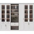 Modern White Bookcase With Glass Doors Drawers Books Decorations And Green Plant