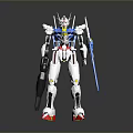 White Blue Red Mecha Robot Character With Shield And Sword Standing On Reflective Gray Background