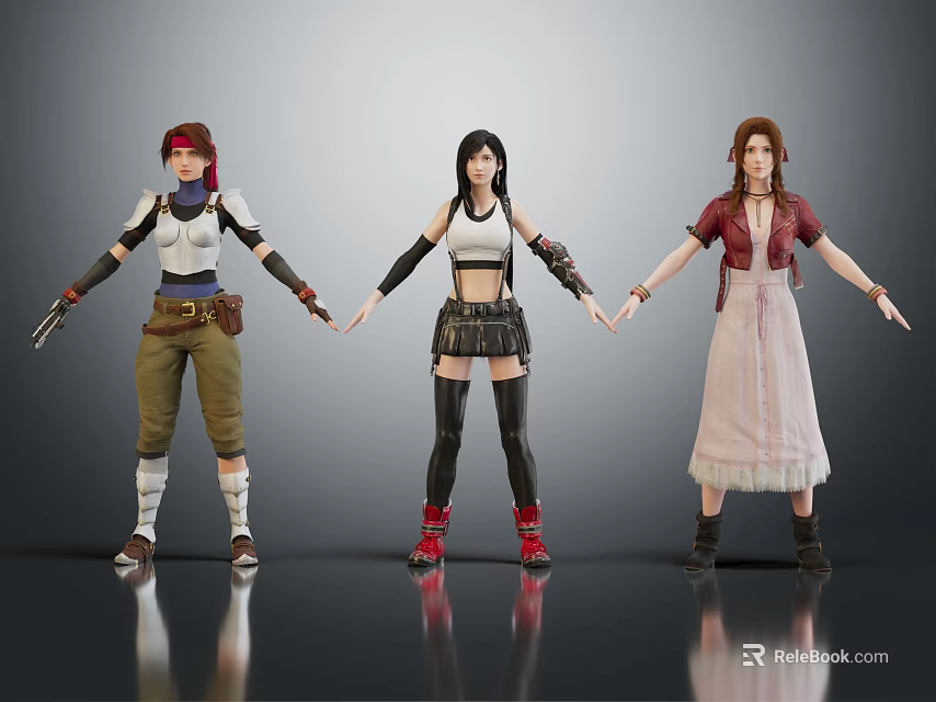 Three Female Characters Standing Holding Hands In Different Stylish Outfits 3d model