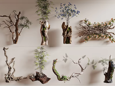 Stone Wood Decorative Pieces With Natural Branches And Potted Plants For Home Decoration 3d model
