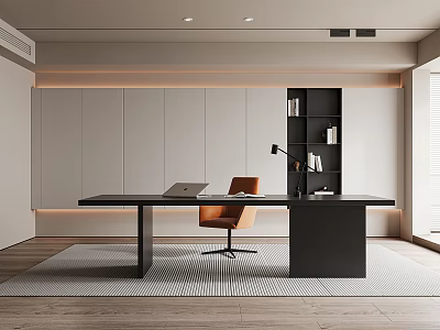 Modern Study Room Interior Design With Writing Desk Ergonomic Chair And Bookshelf 3d model